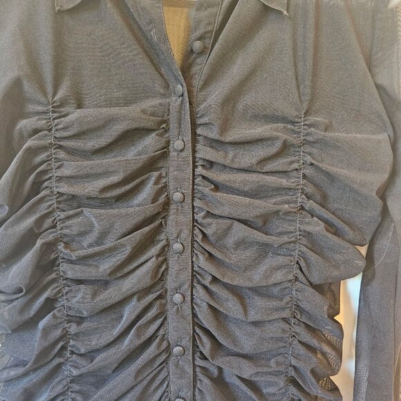 Agentovivo Ruched Black Mesh Button-Up Shirt With Lace-Up corset Back size L - Picture 4 of 7
